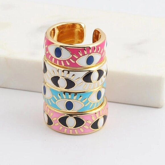 Evil Eye Enamel and Copper Adjustable Ring #1209 LT BLUE - Picture 3 of 16